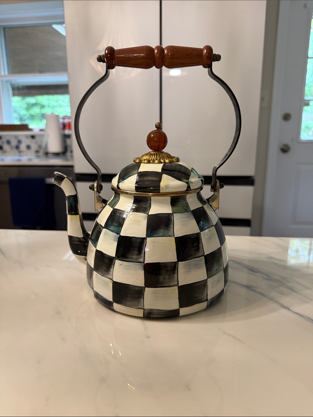 MacKenzie-Childs Black & White Checkered Tea Kettle with Wood Handle